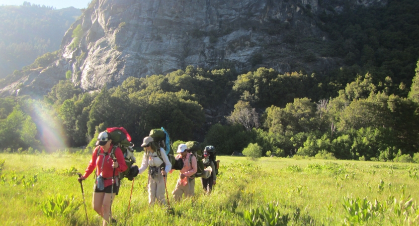 A group of backpackers hike through green grass, away from a mountain. 